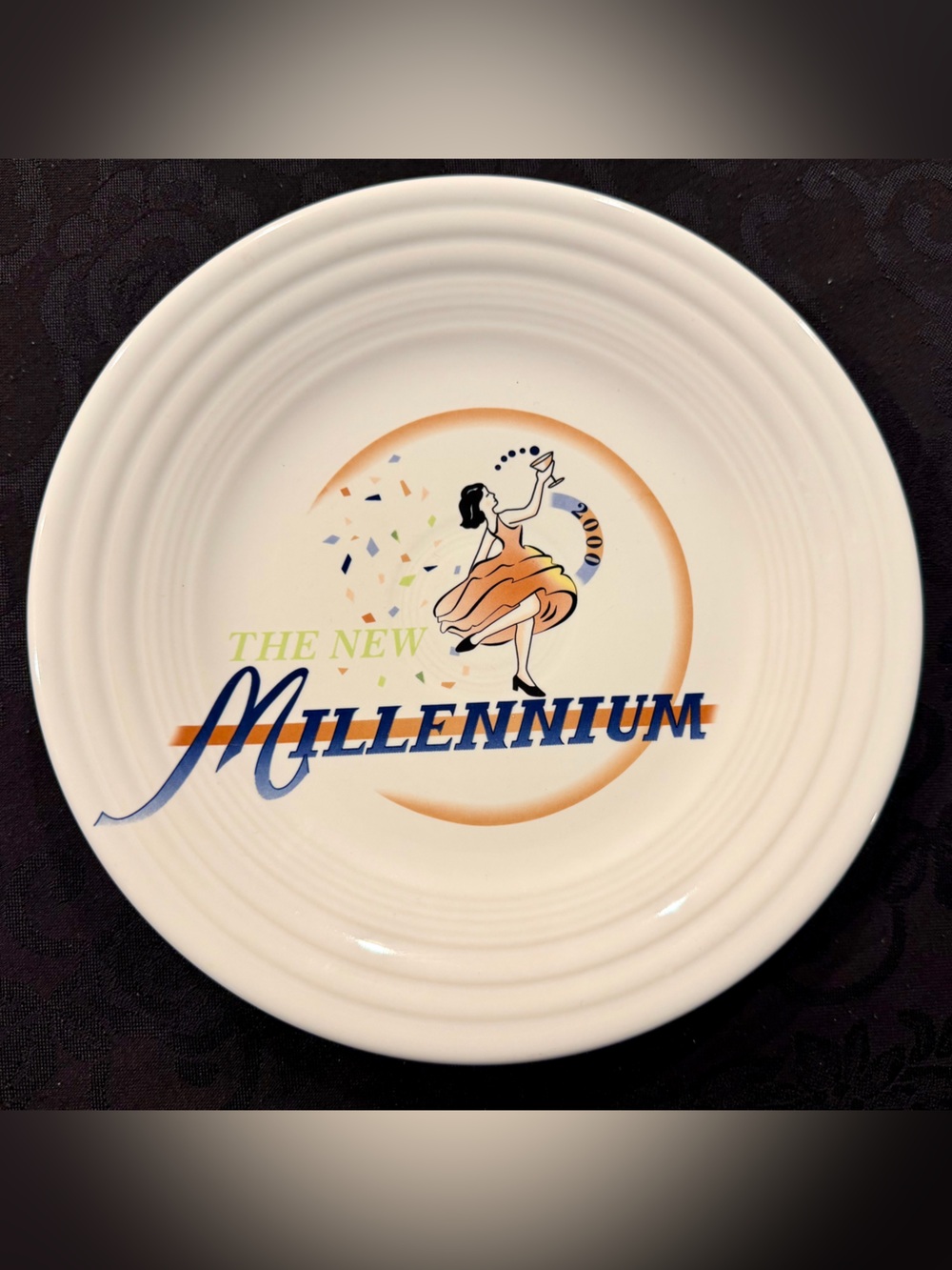 Homer Laughlin White Plate with Blue and Orange Millennium Graphic